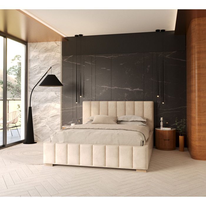 Letto contenitore Austin 160 x 200 cm con base a doghe sollevabile, color crema