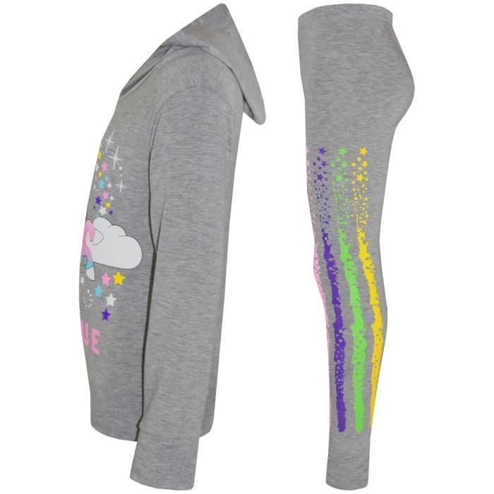 Chándal de unicornio arcoíris para niñas - Gris - Manga larga - Sudadera con capucha y leggings - Edades 7-13