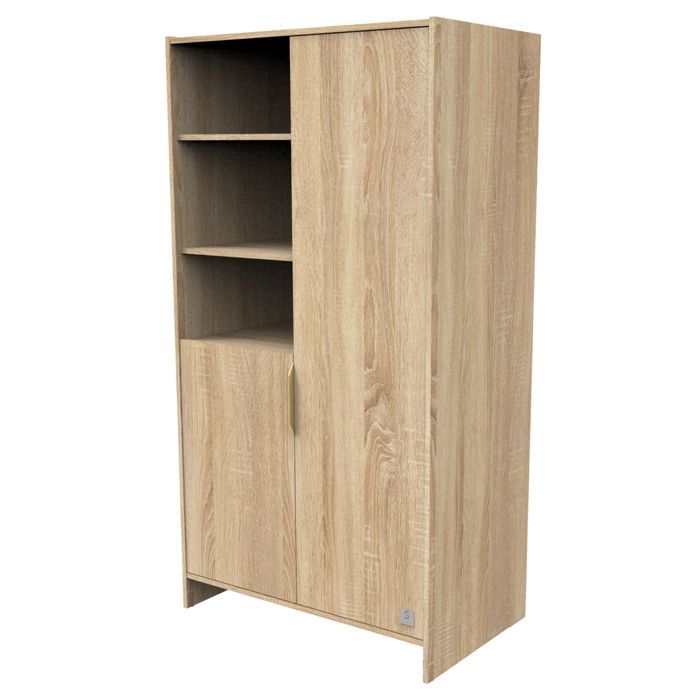 Armoire 2 portes et 3 niches avec poignées dorées décor chêne doré - AZUR