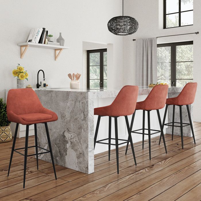 IDMARKET Set of 4 THALYA bar stools in terracotta velvet with half-armrests