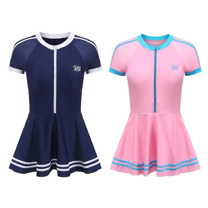 Vestito da bagno per bambina, bicolore, con cerniera, per allenamento in piscina, ad asciugatura rapida, per età 4-14 anni - Rosa