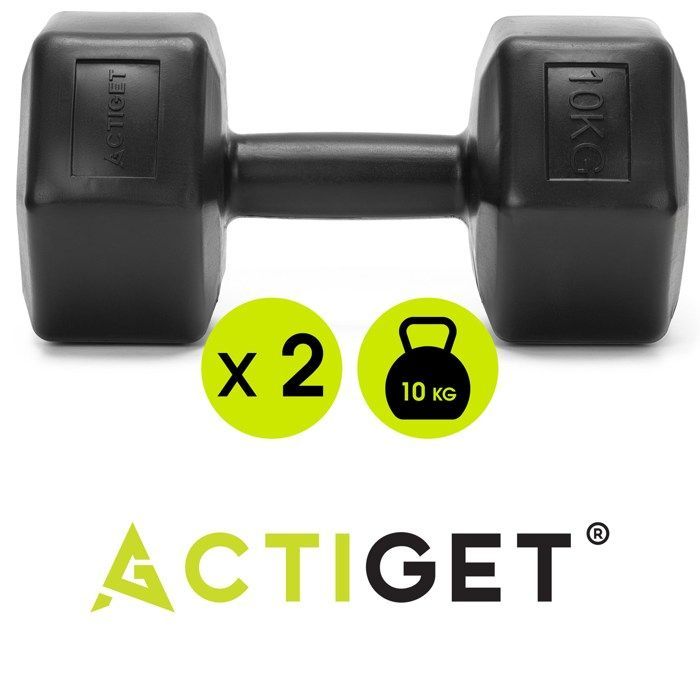 ACTIGET 2x10 kg haltères hexagonaux pour exercices de fitness, poids, lot de 2, noir