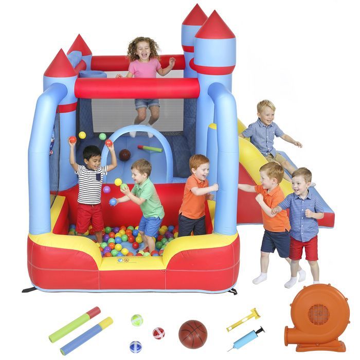 5-in-1 opblaasbaar kasteel met blower, opblaasbare waterparkstructuur, glijbanen, trampoline, meerkleurig