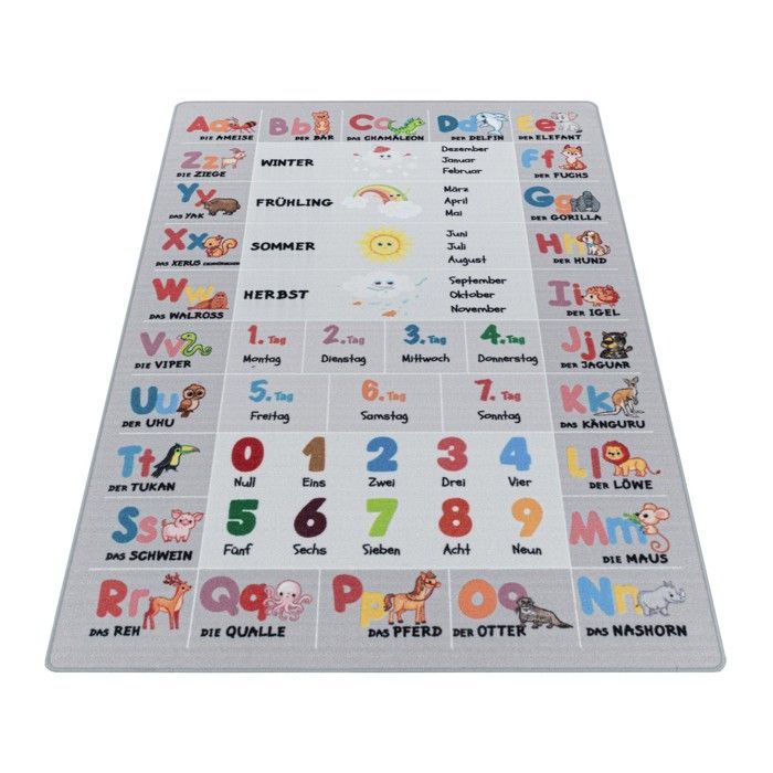 Kinderteppich - AYYILDIZ - Alphabet - Buchstaben - Zahlen - Tiermotive - Grau - 100 % Polyamid - Latex-Rückseite