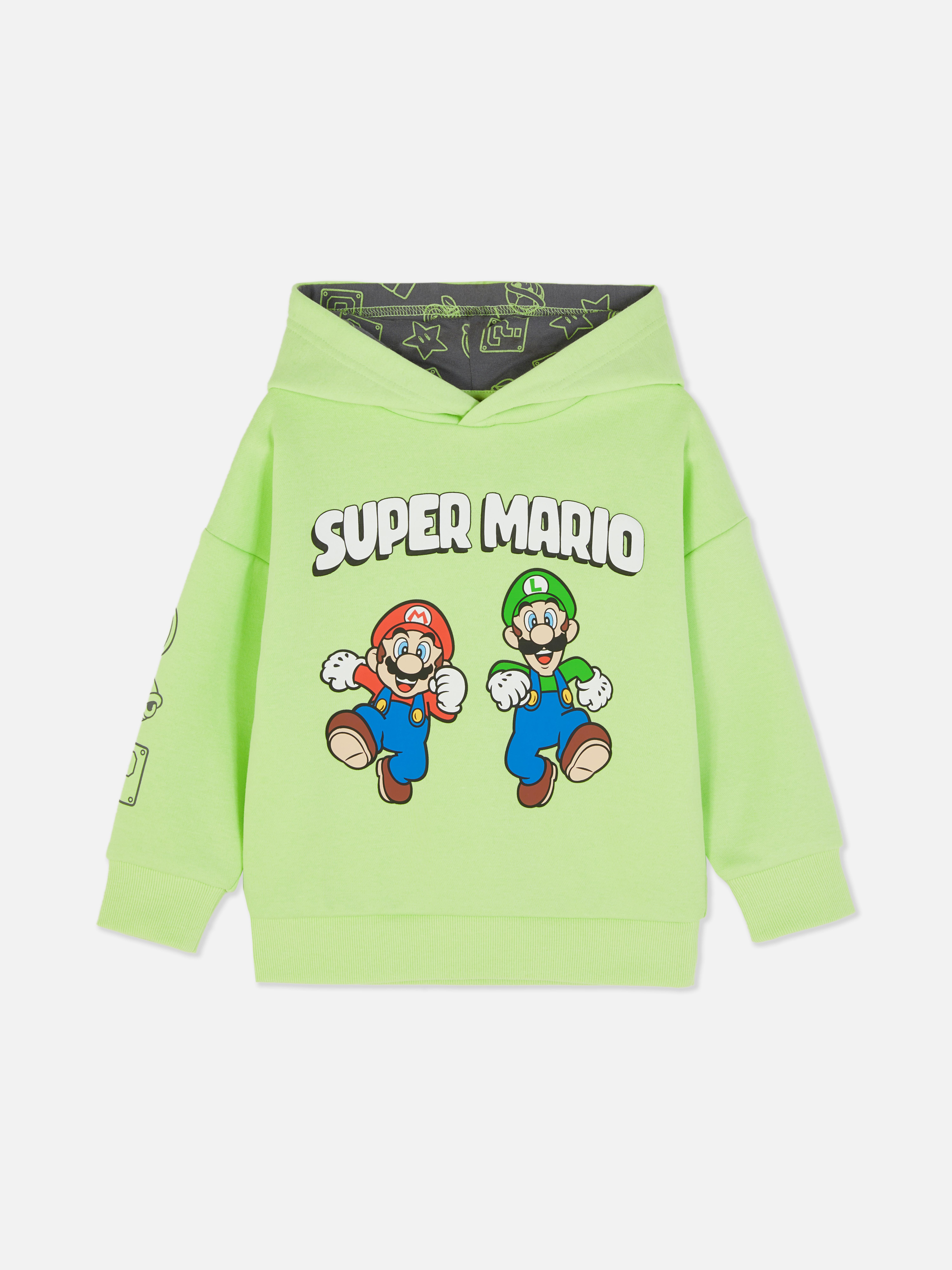 Passender Super Mario Hoodie Ein Hoodie mit überschnittenen Schultern, gerippten Bündchen und Super Mario-Prints