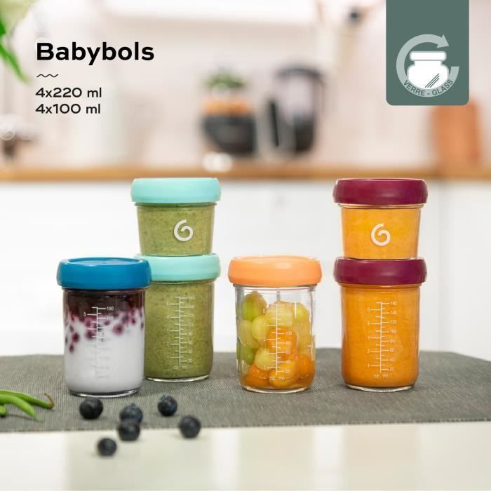 Ciotole in vetro Babymoov per neonati - Set multiplo - Contenitori ermetici per alimenti 4x100ml + 4x220ml