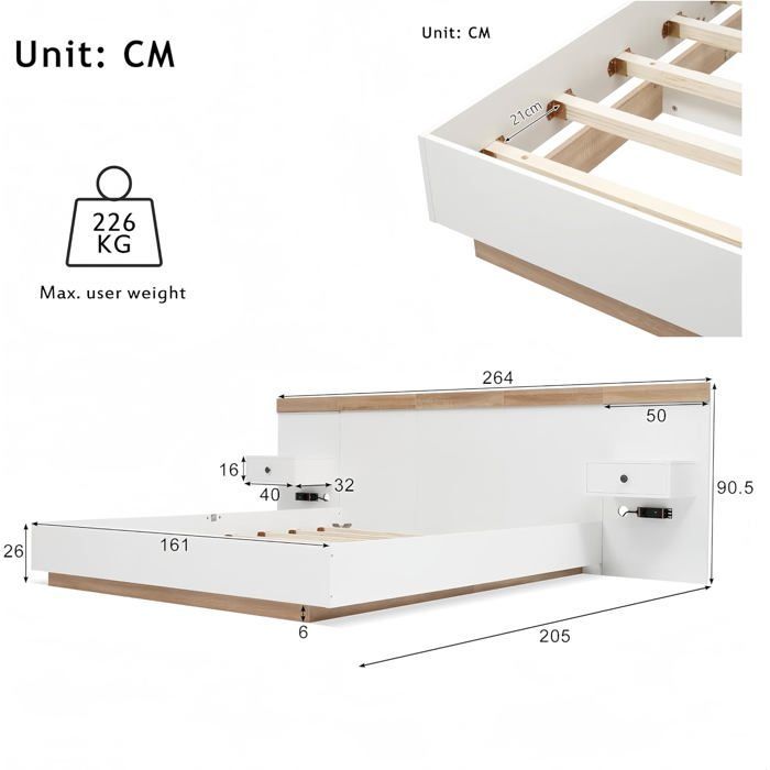 NEW-Lit double lit adulte 160x200 cm avec 2 tables de chevet LED et interface USB-C, bois, blanc et chên CHAMBRE A COUCHER COMPLETE