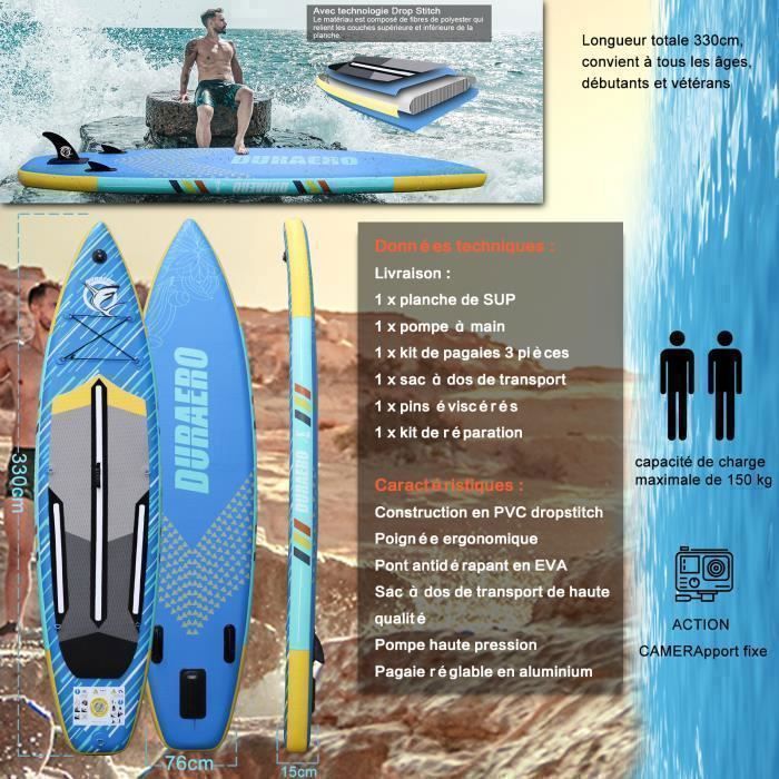 Paddle Gonflable Planche de Stand up Paddle Gonflable-330 x 76 x 15 cm - jusqu'à 150 kg - bleu