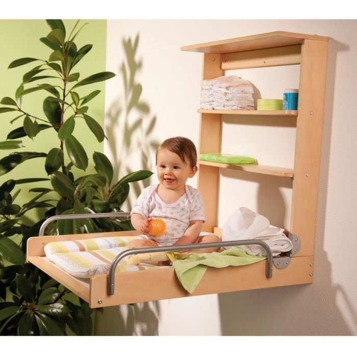 ROBA DSCHUNGELBABY Wandmontierter, klappbarer Wickeltisch – inklusive mehrfarbig gestreifter Matratze – 2 integrierte Ablagen – Naturholz