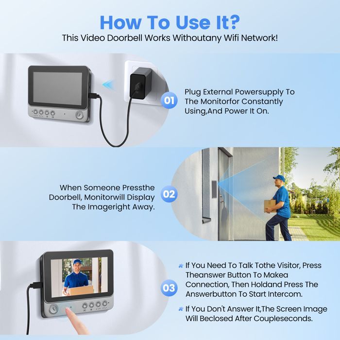 Campanello senza fili con telecamera esterna impermeabile 1080P, videocitofono senza fili con schermo da 4,3
