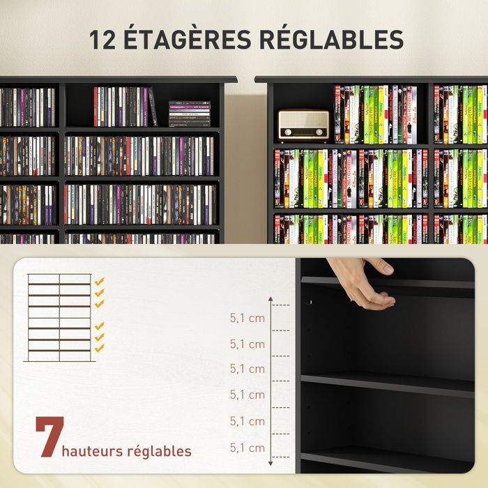 CD and DVD storage unit - HOMCOM - 16 compartments and 12 adjustable shelves - max. capacity 720 CDs/396 DVDs and Blu-rays - black