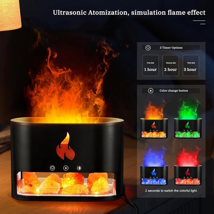 Difusor de aceites esenciales 2 en 1 y lámpara de cristal de sal del Himalaya, difusor de aromaterapia con luz de efecto llama.
