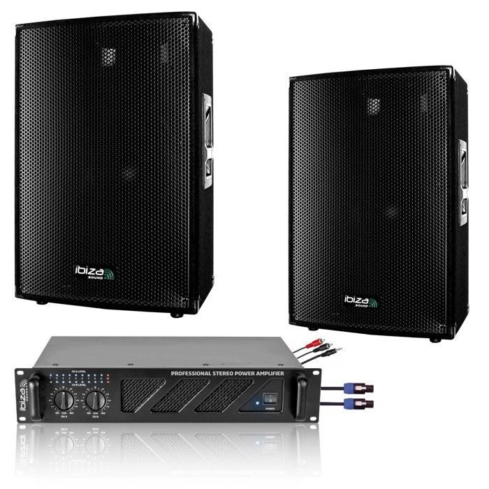 Total Ibiza Sound 1680W PA System Package: 2 x 3-way speakers (2 x 600W) - 2 x 240W ventilated amplifier - Cables included - Ideal for function rooms, bars, and clubs