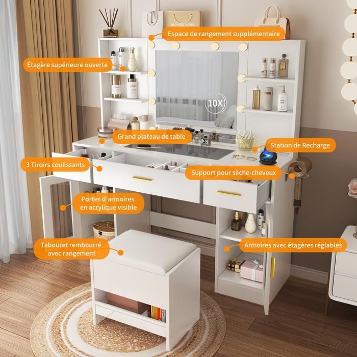 Dressing Table with Mirror and Storage Stool - NHHF - 113 x 40 x 140 cm - 10 Bulbs - 3 Adjustable Colors - 3 Drawers, 6 Shelves and 5 Hooks