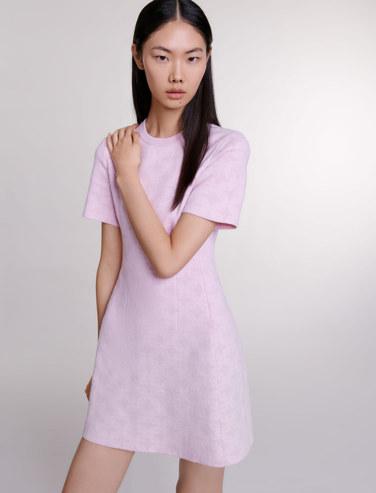 Korte jacquard gebreide jurk - Lichtroze