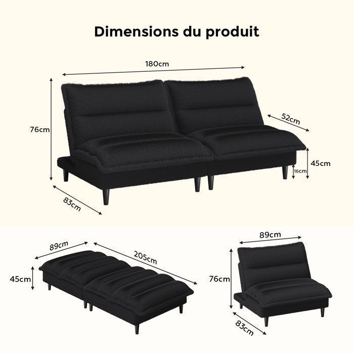 Sofá cama convertible 3 en 1 en color negro, respaldo ajustable, tapizado en terciopelo blanco lechoso, cómodo e ideal para espacios pequeños.