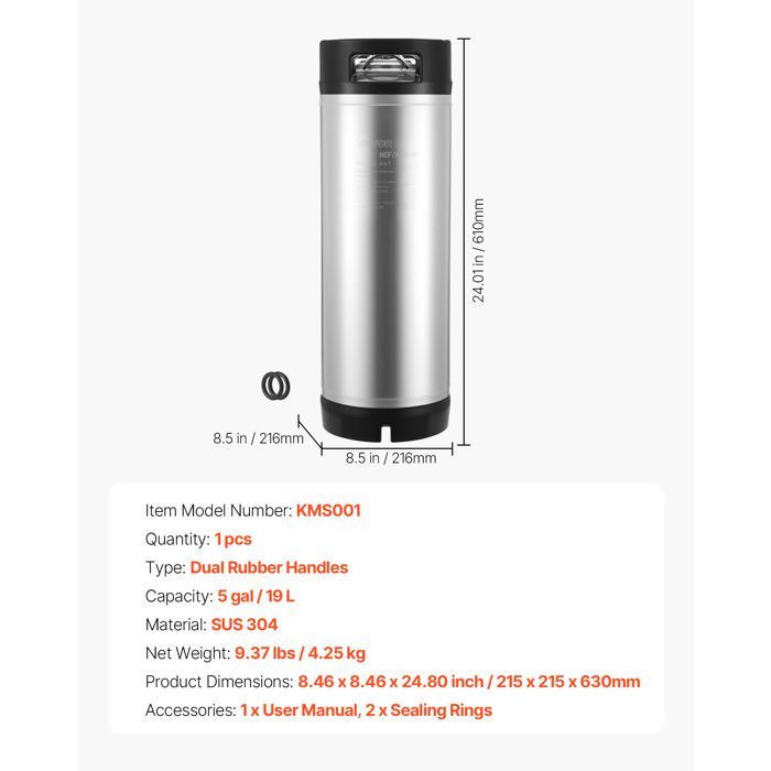 Fusto per birra alla spina VEVOR da 19 litri - Fusto per soda con attacco a sfera - Fusto pressurizzato in acciaio inox SUS304 - per birra a freddo