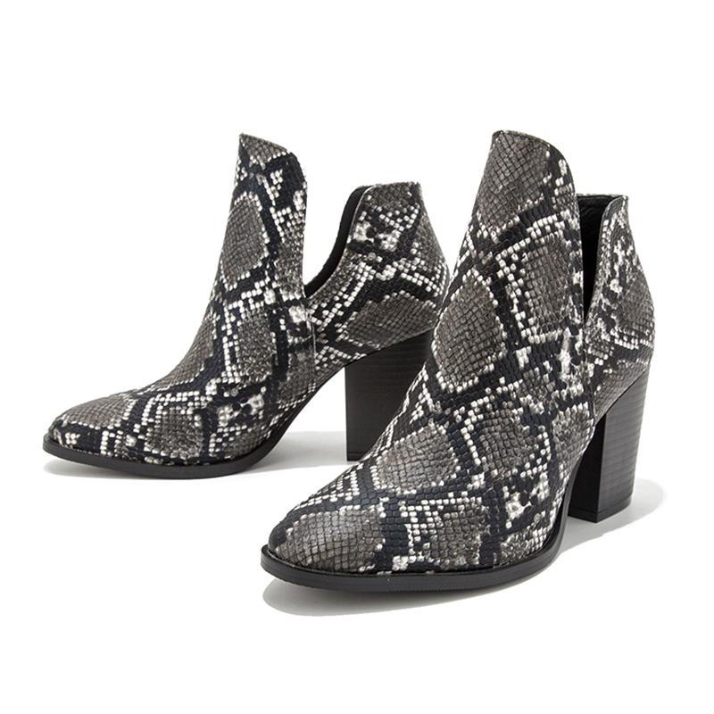 Bottines à motif serpent pour femmes, confortables et à talons carrés, disponibles en grandes tailles.