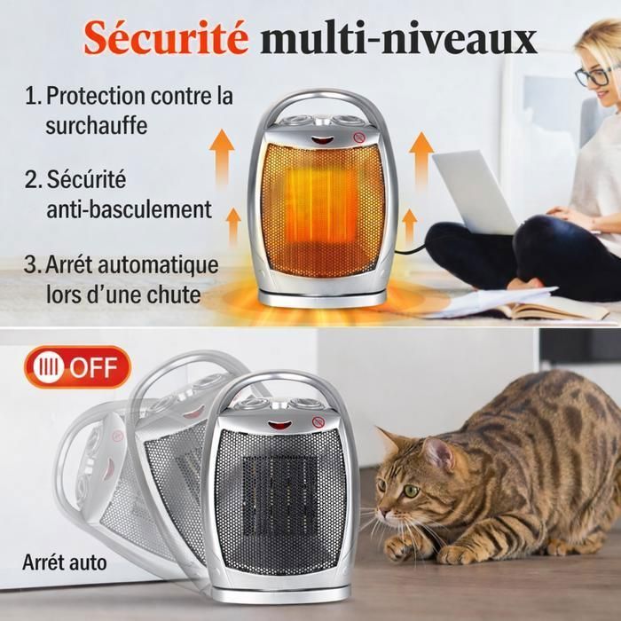 Chauffage d'appoint 1500W, Chauffage Rapide, Silencieux, Radiateur Oscillant, 2 Niveaux, Sécurité Anti-Basculement