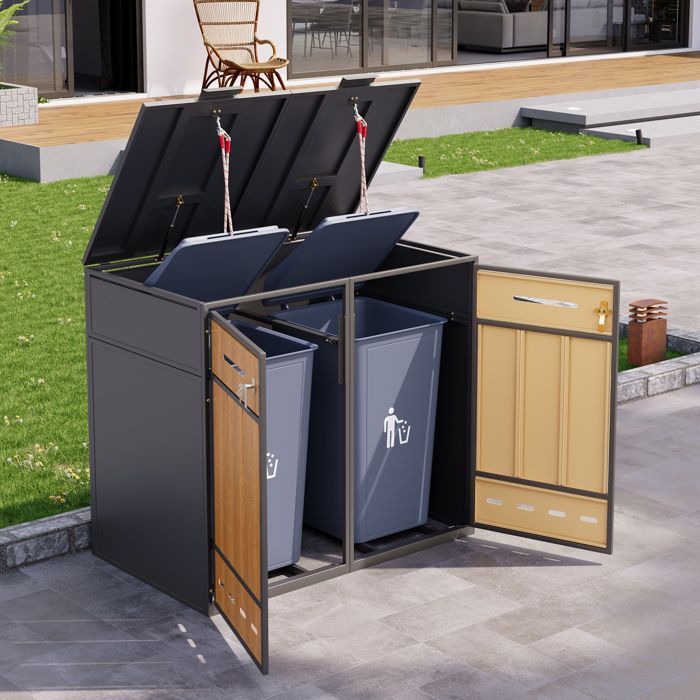 Bin storage unit for 2 bins (120-240 L), hinged lid, lockable door, metal, grey + wood