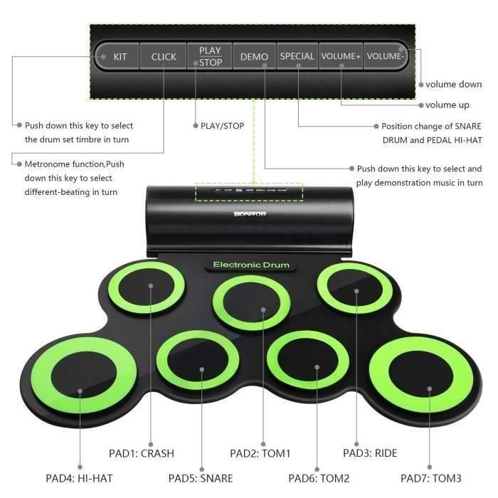 Electronic drum set with percussion pad, portable electronic roll-up drum, perfect for beginners and children