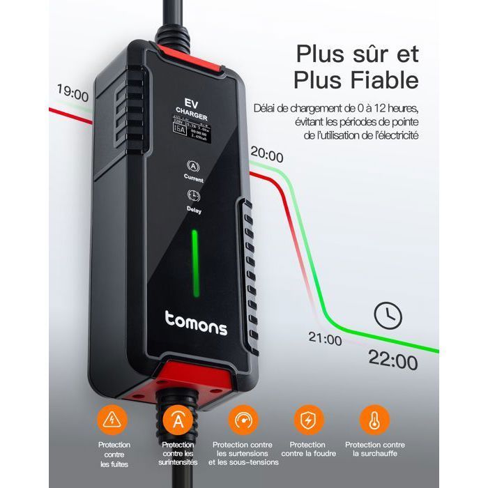 Cavo di ricarica Schuko Tipo 2 3,68 kW monofase 6-16 A 10 m per veicoli elettrici (EV) con display digitale e funzione di ritardo