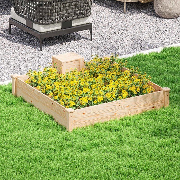 Vaso de plantas - Outsunny - com composteira - design de fundo aberto - para vegetais e flores - feito de madeira - 123 x 123 x 25,5 cm madeira natural