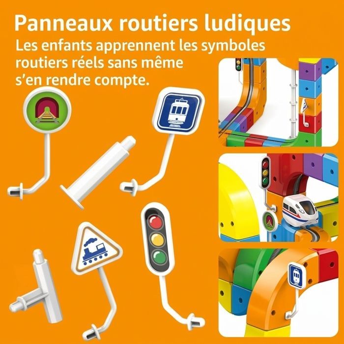 Lot de 123 Pièces Circuit de Train - Rails 3D Électriques Anti-Gravité avec Train Motorisé et Panneaux Routiers, Jouet Enfant