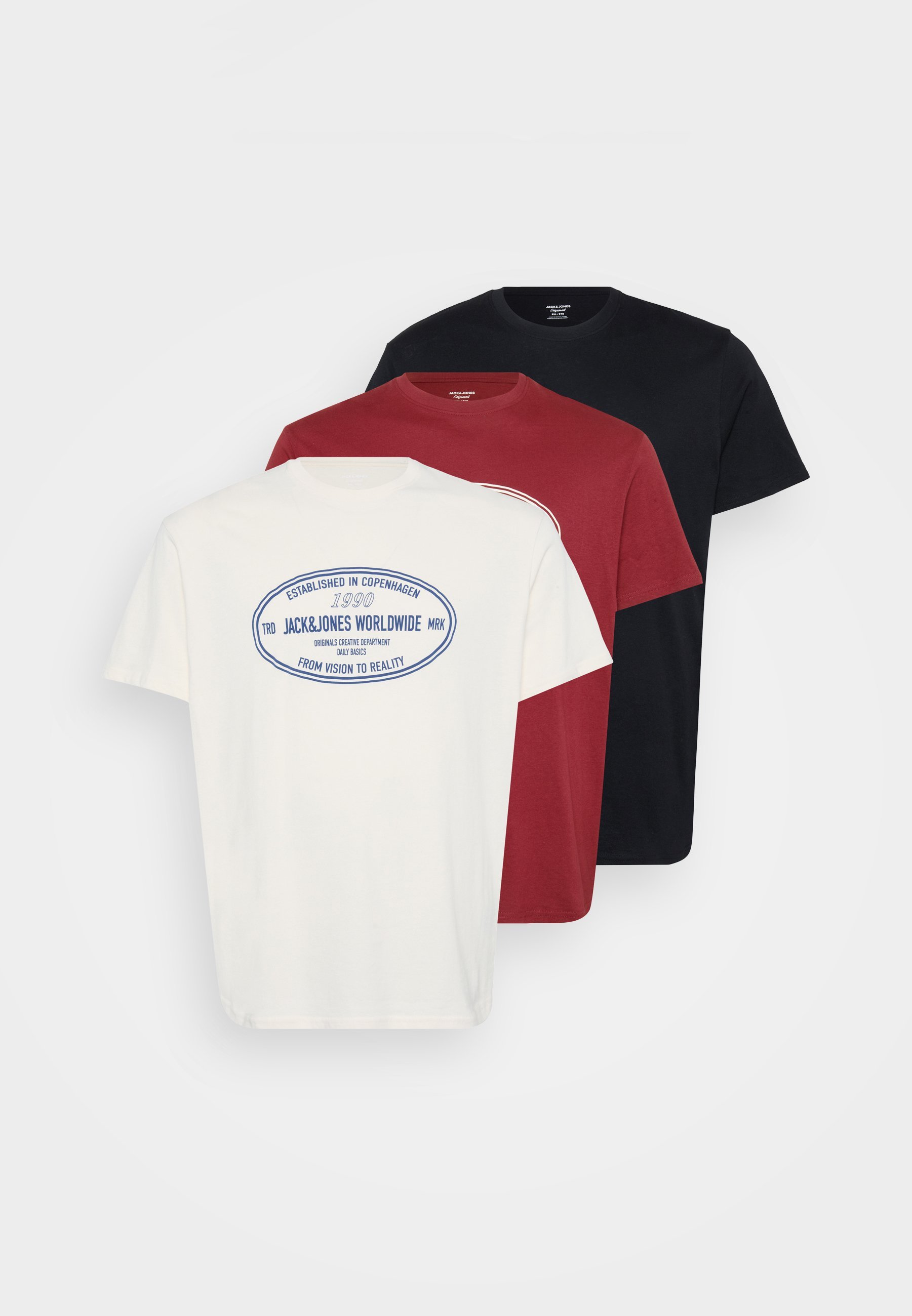 Jack & Jones JORYORK FRONT TEE 3 PACK - Tričko s potiskem - antique white/black/tibetan red
