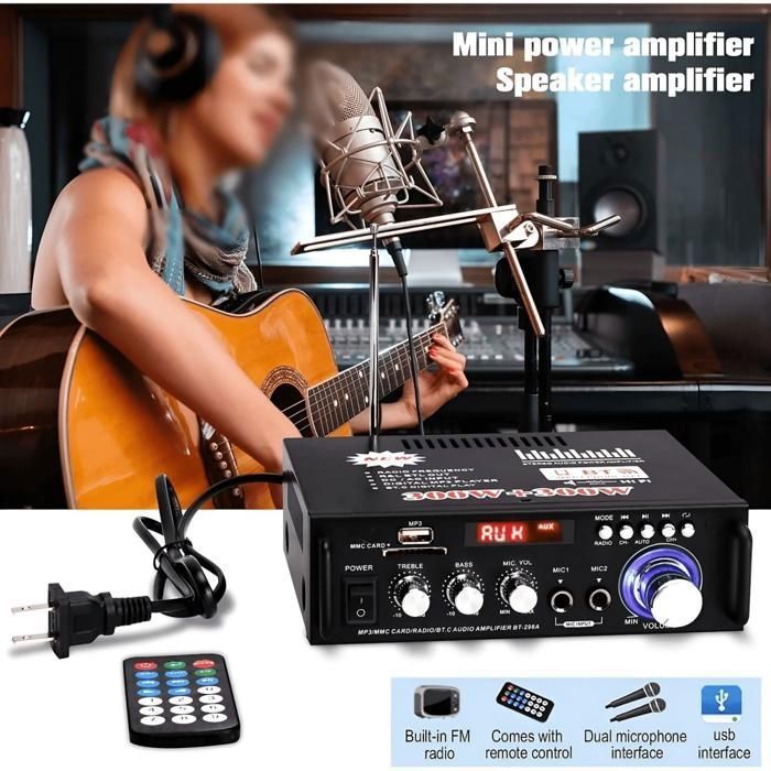 Amplificador HiFi, Bluetooth 5.0, micrófonos duales, 2 canales, múltiples interfaces, con control remoto, negro.