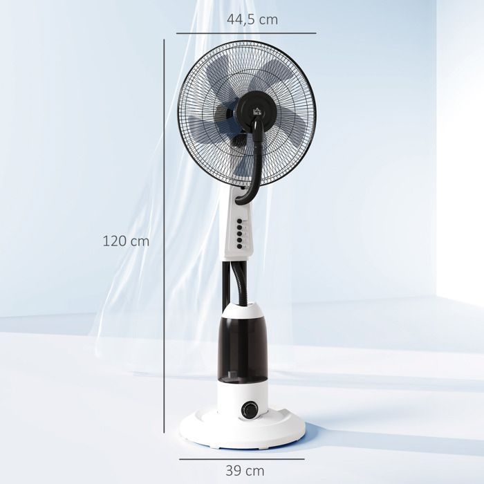 Ventilador nebulizador HOMCOM - 90W - Oscilación de 70°, 3 velocidades, depósito de agua de 2,8L y ruedas - Blanco
