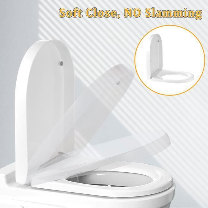 Soft-close toilet seat, U-shaped toilet bowl with stainless steel hinges, slow-close toilet seat, quick installation.