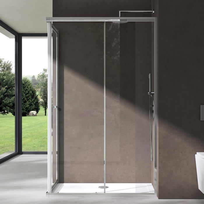 Mampara de ducha de esquina doporro con puerta corredera y plato de ducha, cristal de seguridad transparente, 80x120 cm, Ravenna16L-K