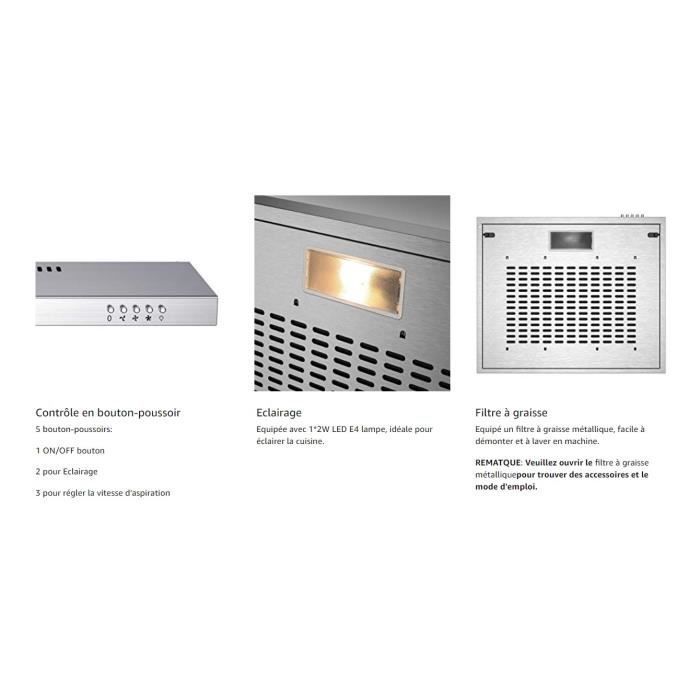 CIARRA Hotte visière 60cm 220m³/h Classe A+ 3 vitesses Evacuation&Recyclage Hotte Casquette Inox