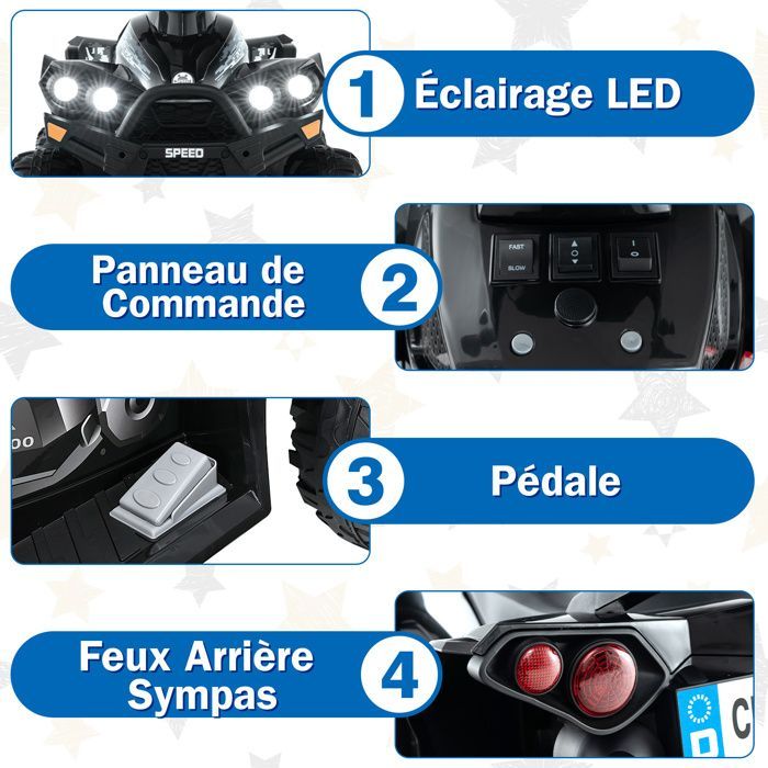Quad eléctrico COSTWAY para niños, 12V7Ah, luces LED, música, pedales, claxon, 3-4 km/h, para niños de 3 a 8 años, negro.
