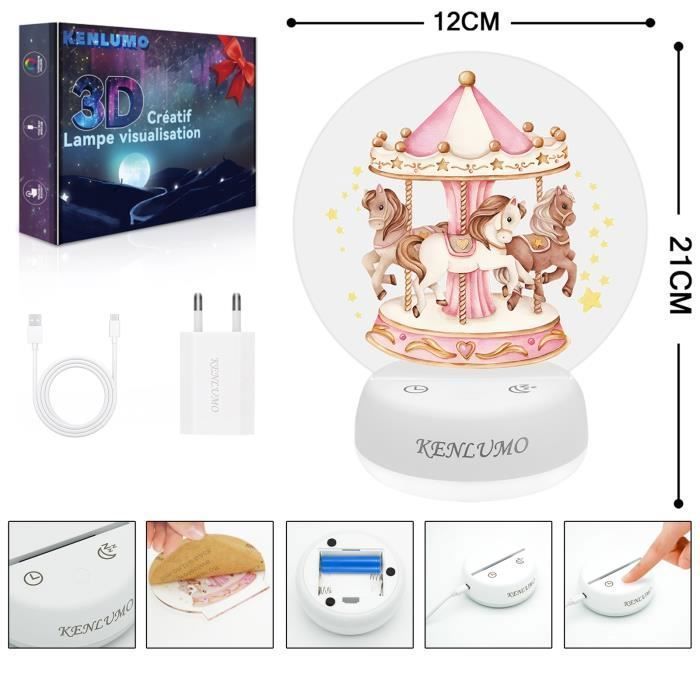 Luminária Noturna Carrossel KENLUMO para Bebê, Presente de Natal e Infantil, Luz Branca e Quente, Três Cores, Brilho Ajustável, Abajur de Cabeceira