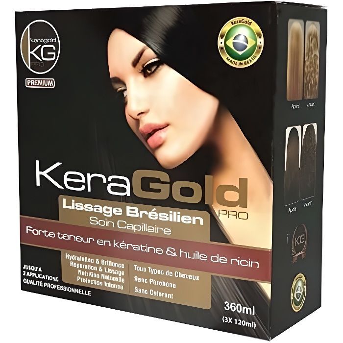 Trattamento lisciante brasiliano - KERAGOLD - PRO - 3 x 120 ml - Cheratina - Olio di ricino - Riparatore e levigante