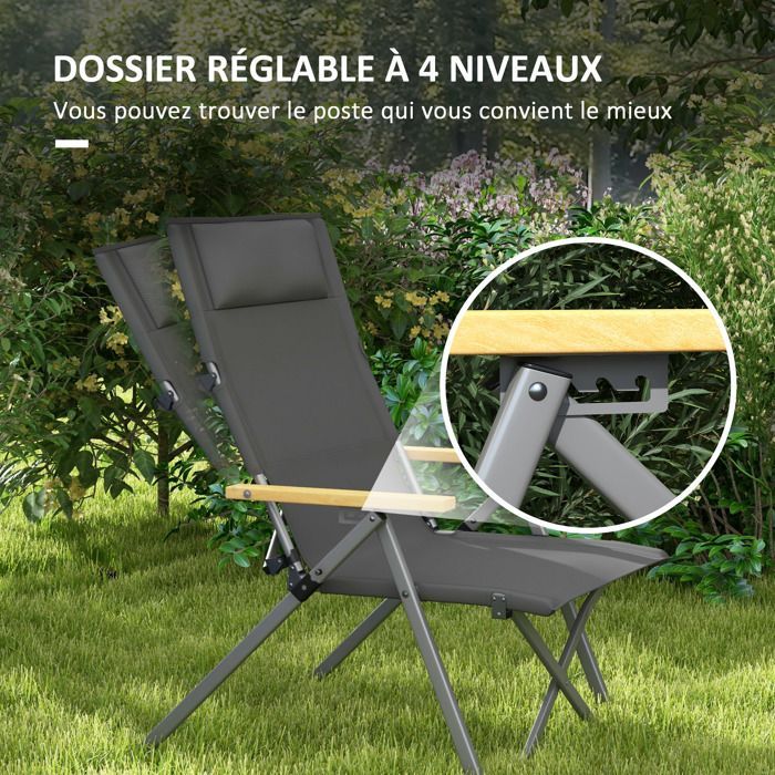 Campingstol - Outsunny - foldbar og bærbar - justerbar ryglæn, polstret nakkestøtte, lomme - 74 x 59,5 x 98 cm - mørkegrå