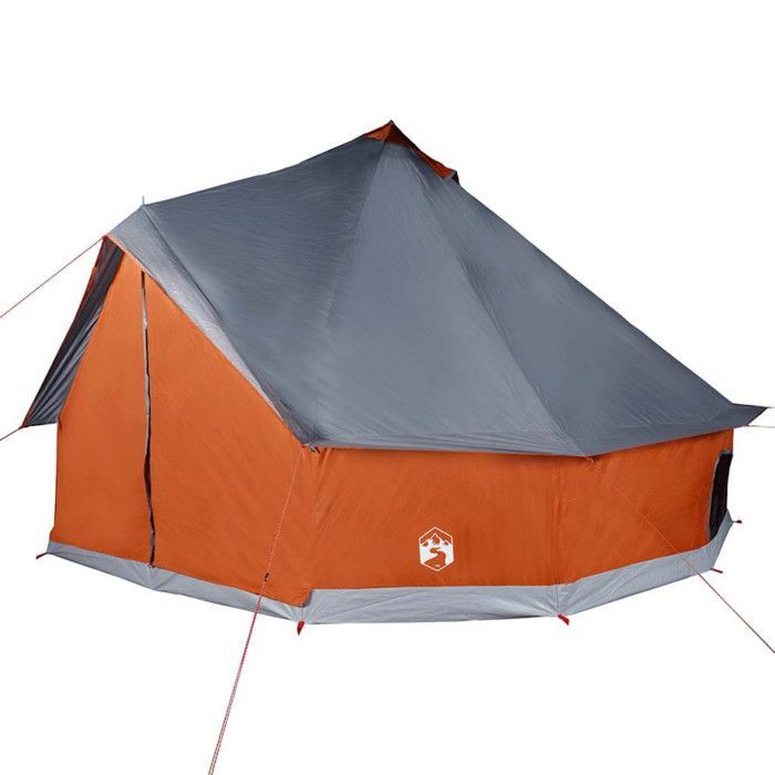 Tenda tipi per famiglie, impermeabile, grigia e arancione, per 6 persone.
