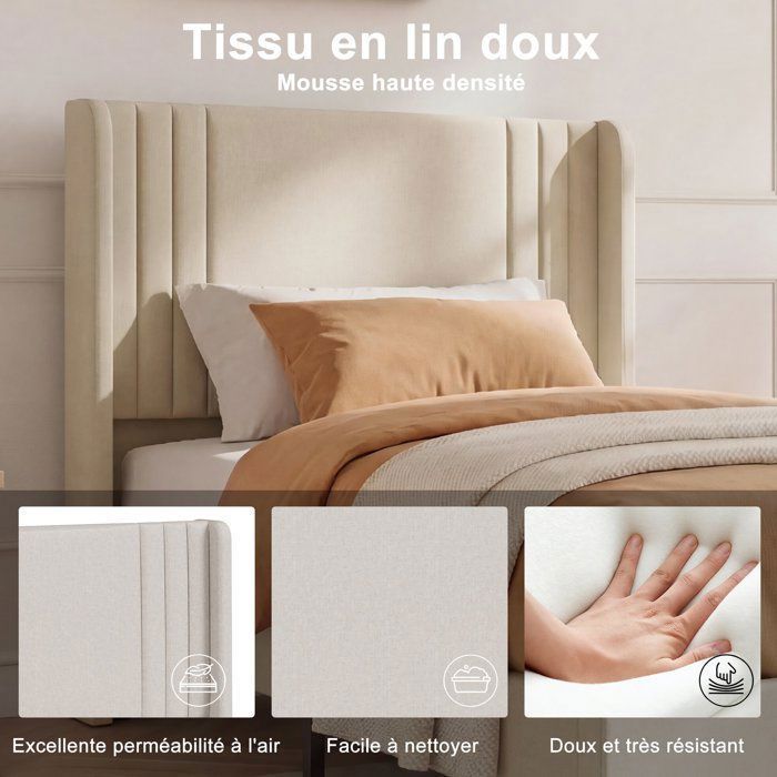 PERGAR Bed Frame - 90 x 200 cm - Single Bed with Slatted Base - Upholstered Headboard - Beige Linen - For Children, Teenagers, and Adults