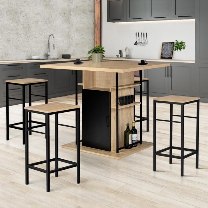IDMARKET Isla de cocina central de 110 cm con efecto madera negra y haya y 4 taburetes de diseño industrial.