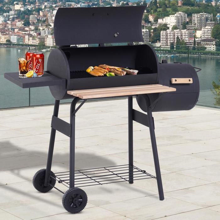 Barbecue a carbone - Outsunny - Barbecue affumicatore con supporto, coperchio, ruote e termometro - acciaio - nero