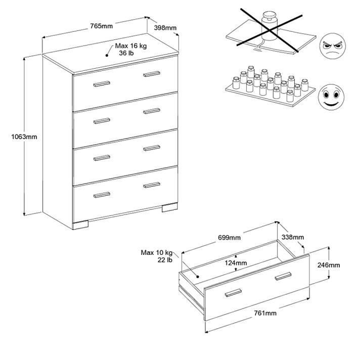 Chambre complète BOSTON : Lit adulte 140x190 + Commode + 2 Chevets - Décor blanc - Fabriqué en France