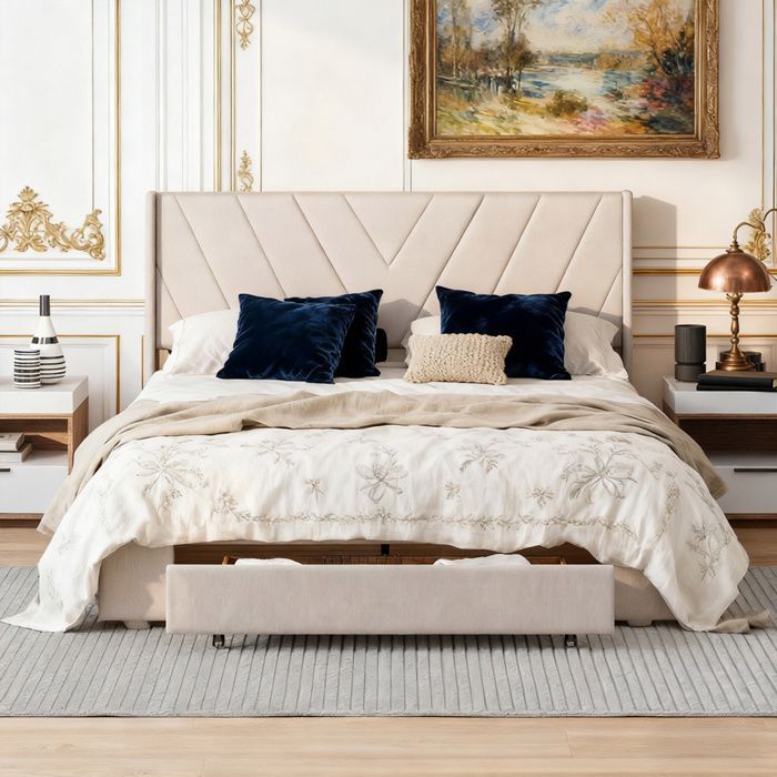 Cama de 140x190 cm, estampado de líneas, estilo minimalista moderno, cama para adultos, estructura de cama doble de 140x190 cm, lino, beige