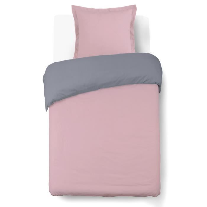 VISION - Dos tonos - Funda nórdica reversible de 140x200cm con 1 funda de almohada de 65x65cm - Gris/rosa - 100% algodón