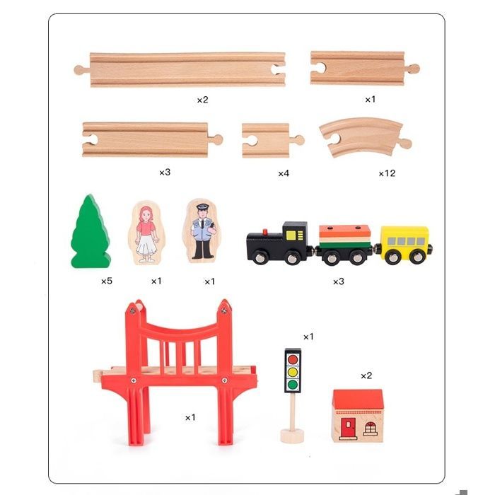 Tren de juguete de madera - 39 piezas - Con vías, puente y vehículos para niños de 3 a 6 años - Compatible con otros trenes