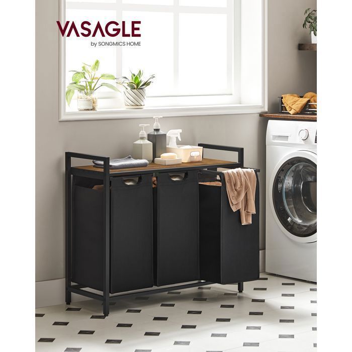 VASAGLE Panier à Linge 3 Compartiments, 3 Sacs Amovibles en Tissu Oxford, 3 x 40 L, 92,5 x 33 x 72 cm, Noir et Marron