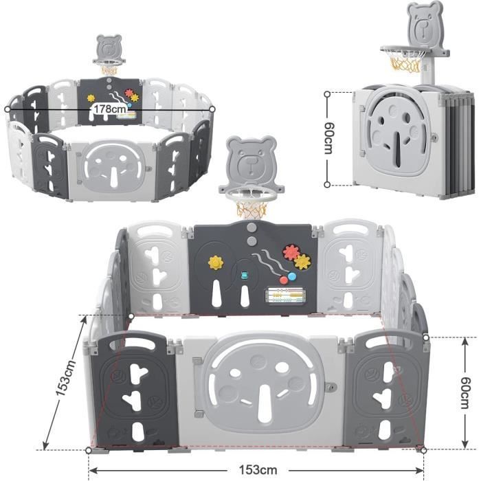 Parc Bébé Enfant 14 Panneaux Modulable avec Panier de Basket Parc Bebe XL Pliable pour Intérieur et Extérieur Parc en Plastique