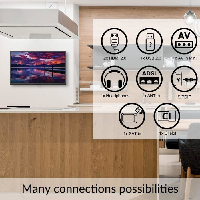 TV HD da 24 pollici - SUTEO - Ideale per caravan, camper e barche - Triplo sintonizzatore integrato - 2 porte HDMI