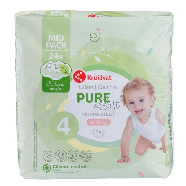 „Kruidvat Pure & Soft“ 4 dydžio sauskelnės, vidutinė pakuotė<br>4 dydis (8–14 kg), 24 vnt.